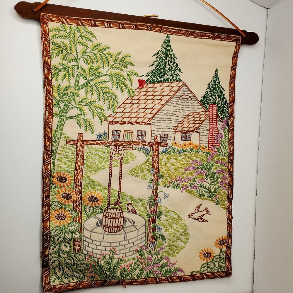 Vintage Farm Scene Wishingwell Crewel work embroidered wall hanging 18" x 13"